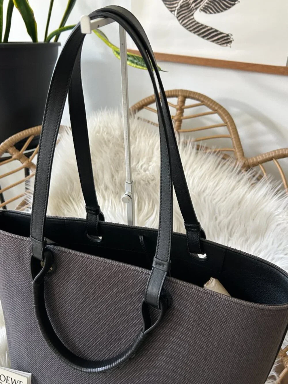Loewe Anagram Tote in Leather & Canvas Black & Gray-Laptop, Travel, Work